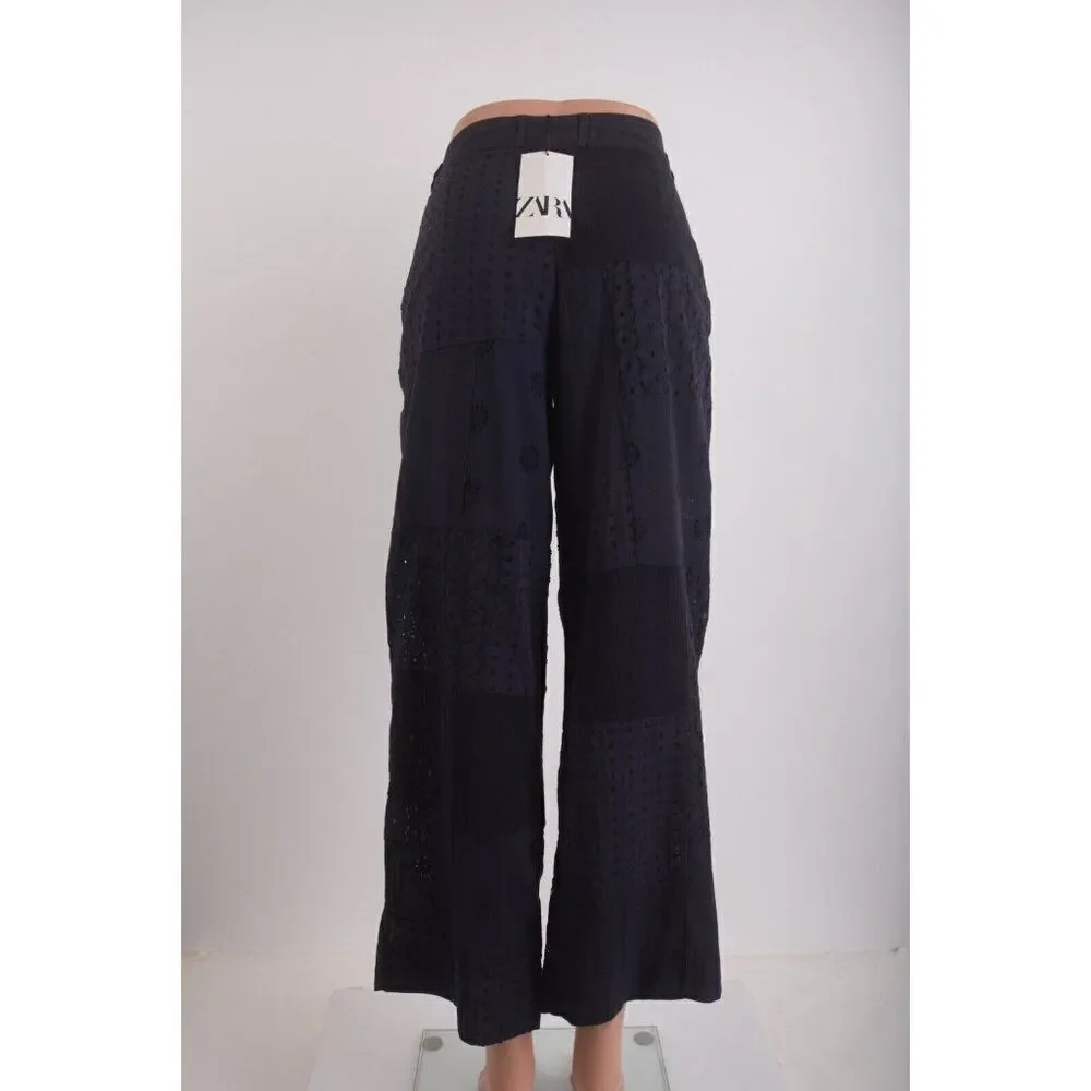 Zara Womans Wide Leg Pants Eyelet Embroidered Size M Navy Blue 6895/246 NWT